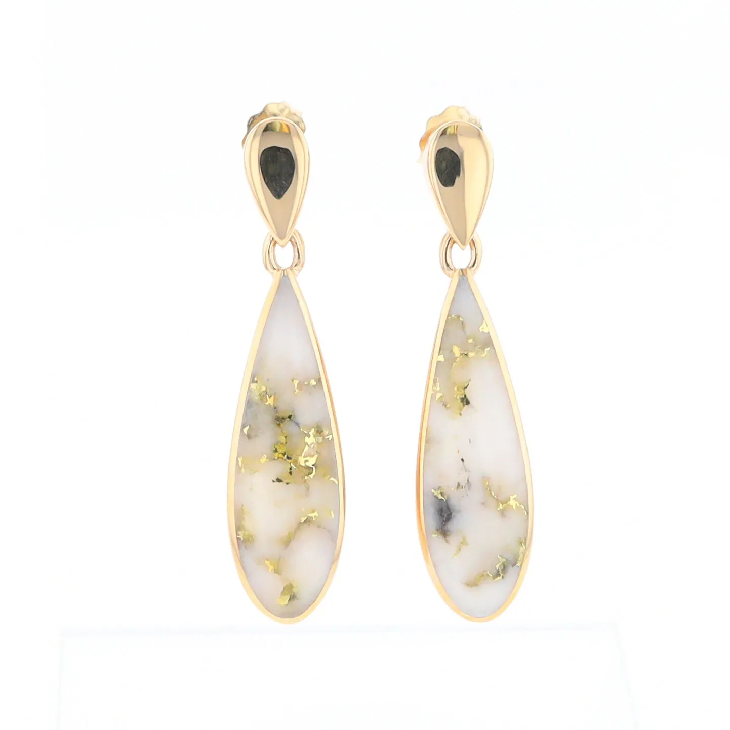 Gold Quartz Earrings Tear Drop Inlaid Design