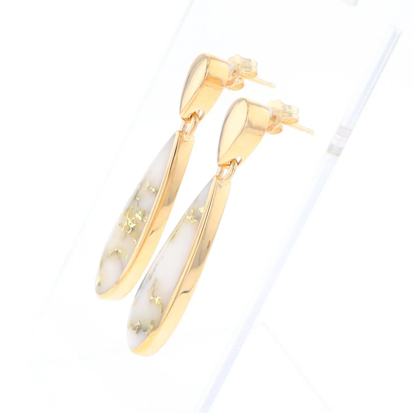 Gold Quartz Earrings Tear Drop Inlaid Design