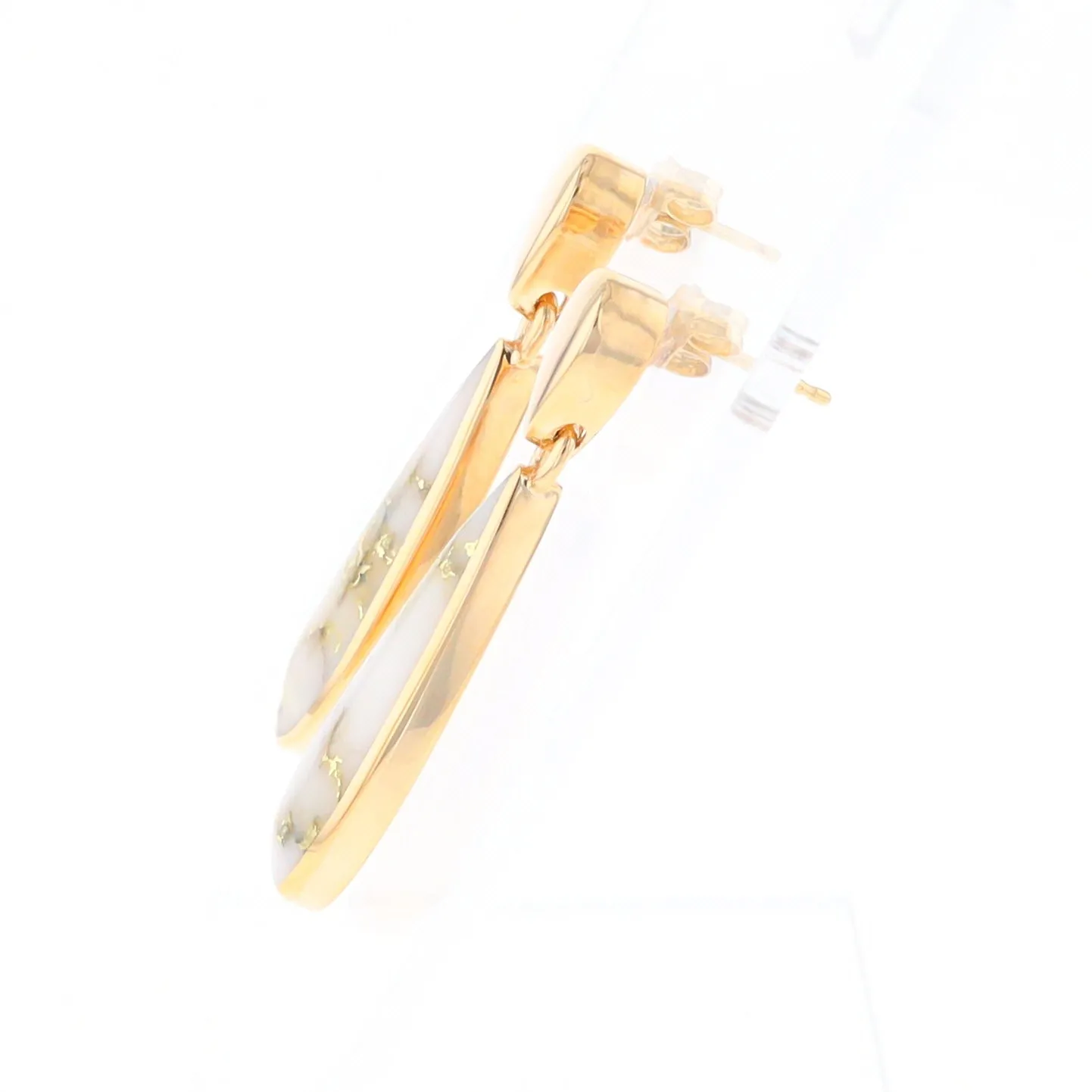 Gold Quartz Earrings Tear Drop Inlaid Design