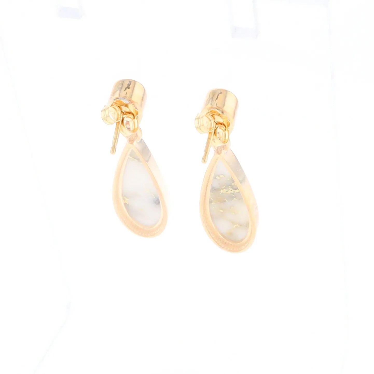 Gold Quartz Earrings Tear Drop Inlaid Design