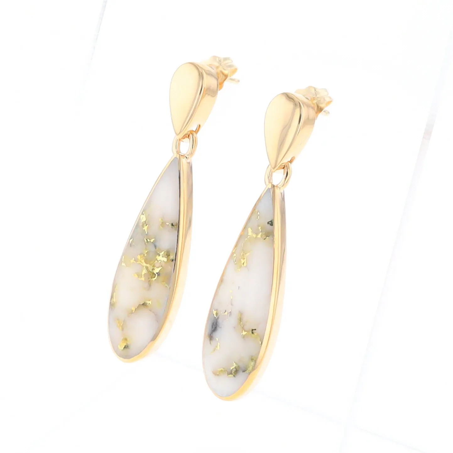 Gold Quartz Earrings Tear Drop Inlaid Design