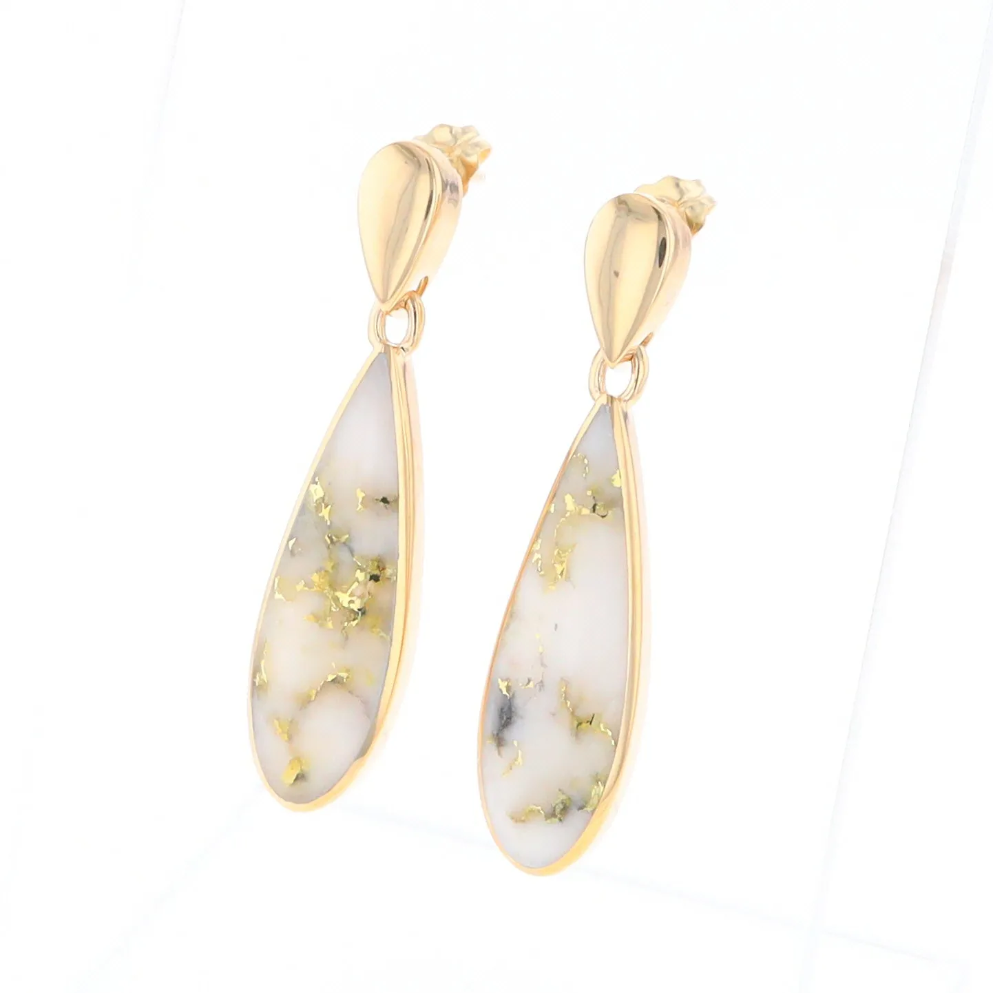 Gold Quartz Earrings Tear Drop Inlaid Design