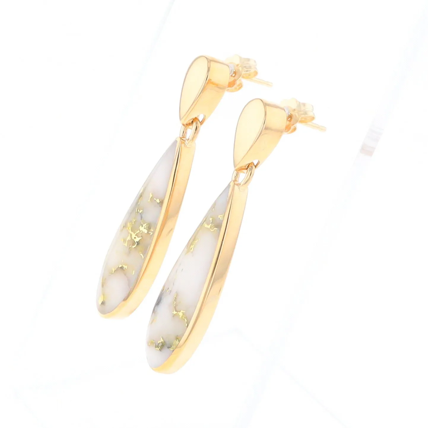 Gold Quartz Earrings Tear Drop Inlaid Design