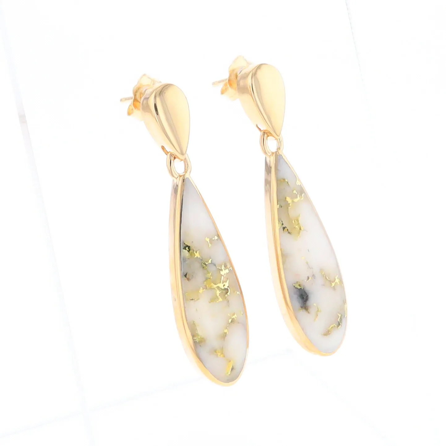 Gold Quartz Earrings Tear Drop Inlaid Design