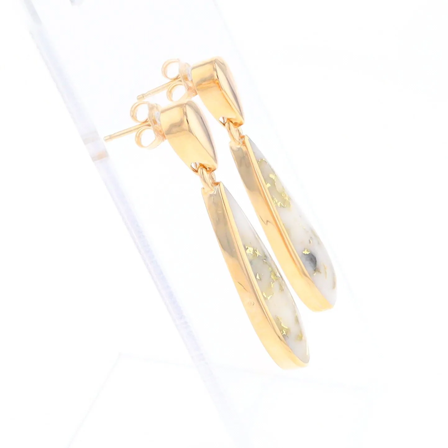 Gold Quartz Earrings Tear Drop Inlaid Design