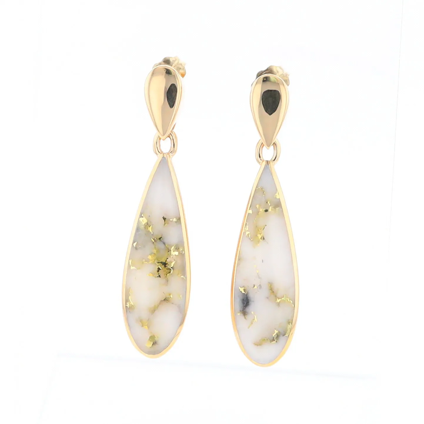 Gold Quartz Earrings Tear Drop Inlaid Design