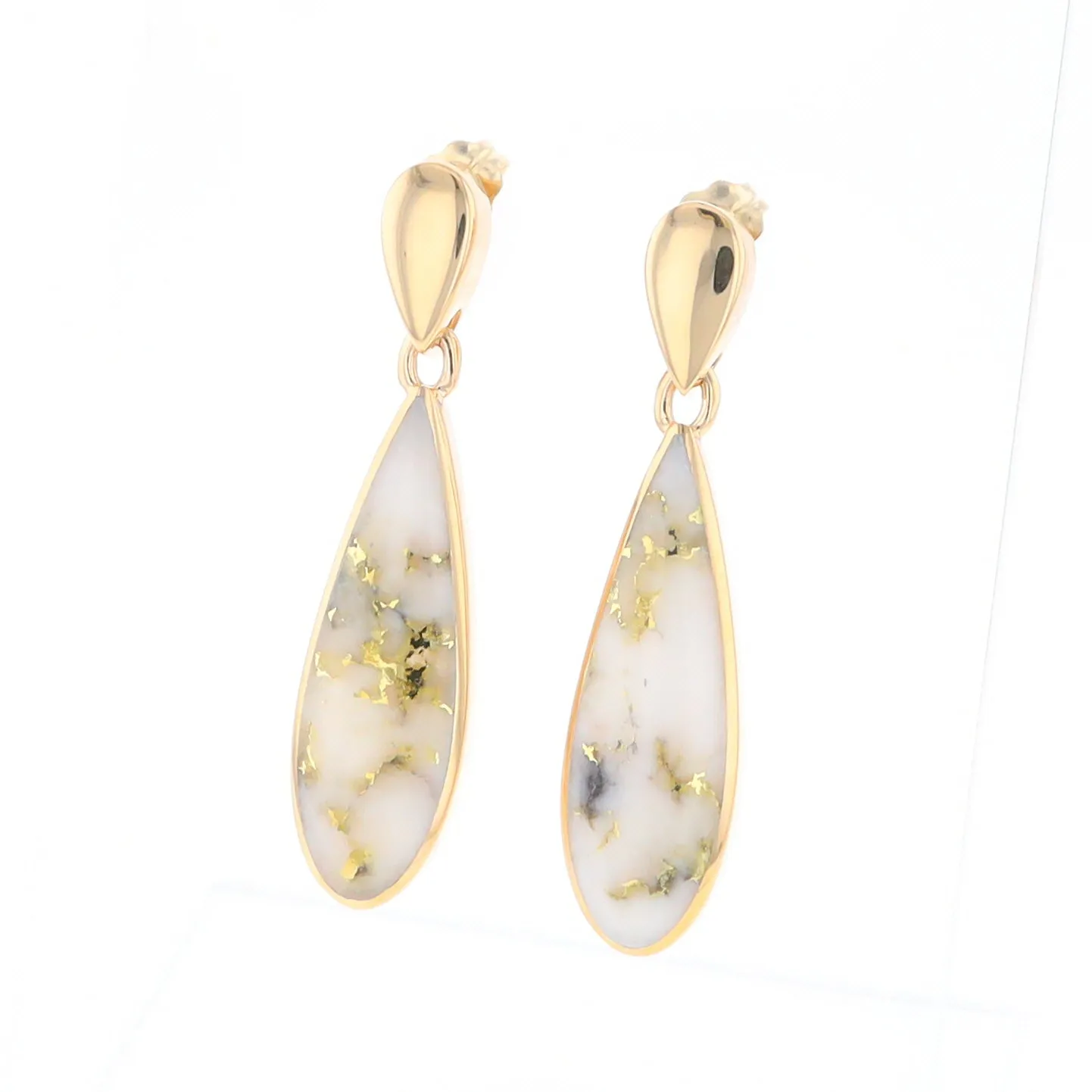 Gold Quartz Earrings Tear Drop Inlaid Design