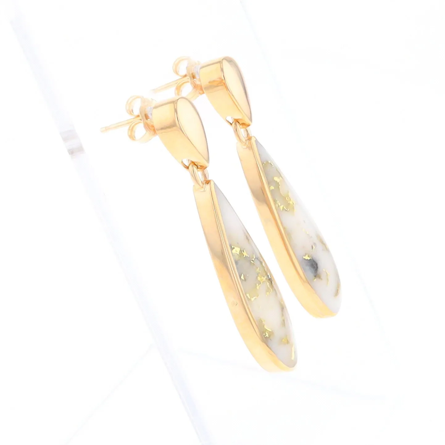 Gold Quartz Earrings Tear Drop Inlaid Design