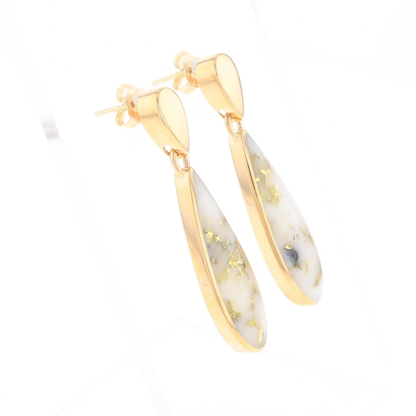 Gold Quartz Earrings Tear Drop Inlaid Design