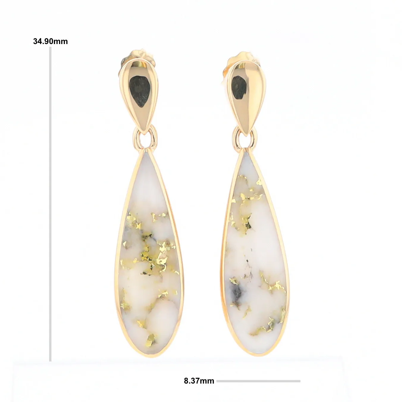 Gold Quartz Earrings Tear Drop Inlaid Design