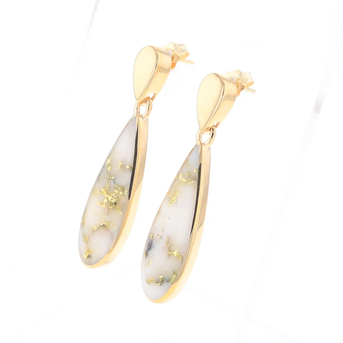 Gold Quartz Earrings Tear Drop Inlaid Design