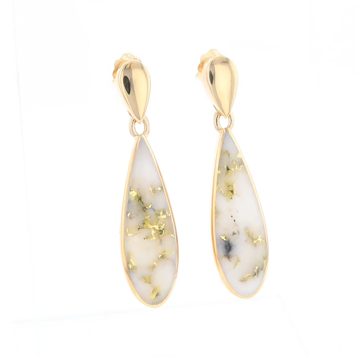 Gold Quartz Earrings Tear Drop Inlaid Design