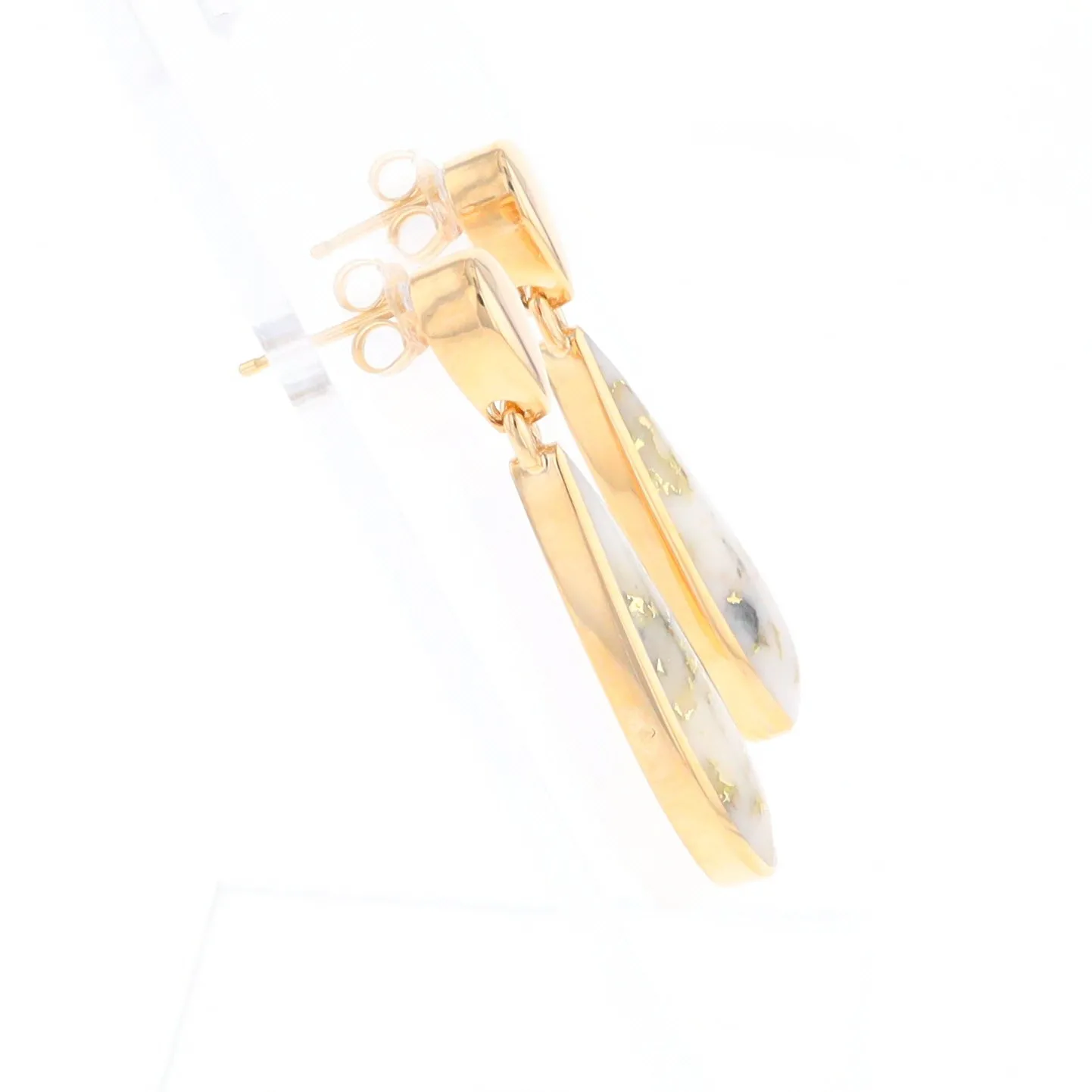 Gold Quartz Earrings Tear Drop Inlaid Design