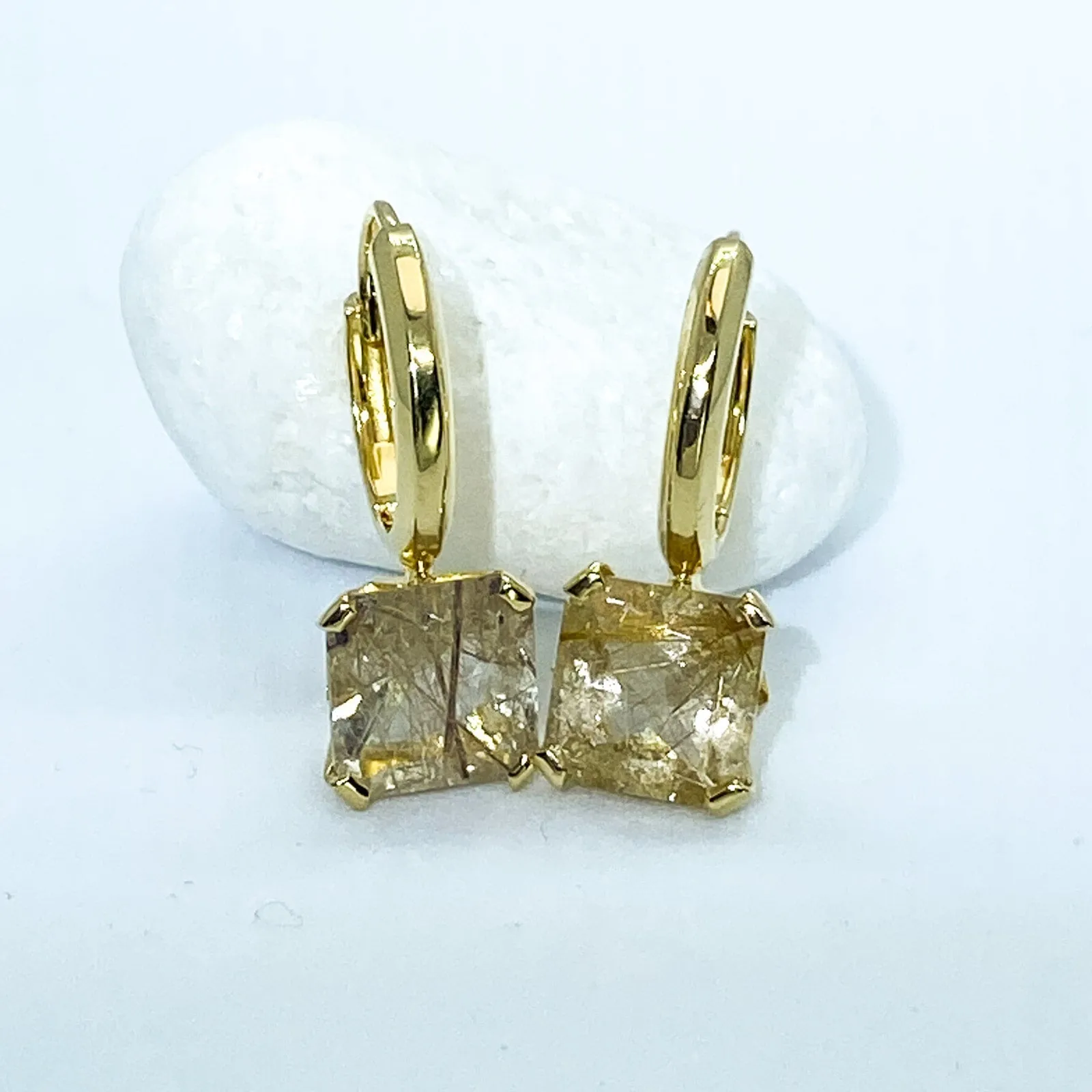 Golden Rutilated Quartz Square Gemstone Plated Yellow Gold Silver Earrings