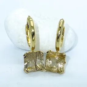 Golden Rutilated Quartz Square Gemstone Plated Yellow Gold Silver Earrings