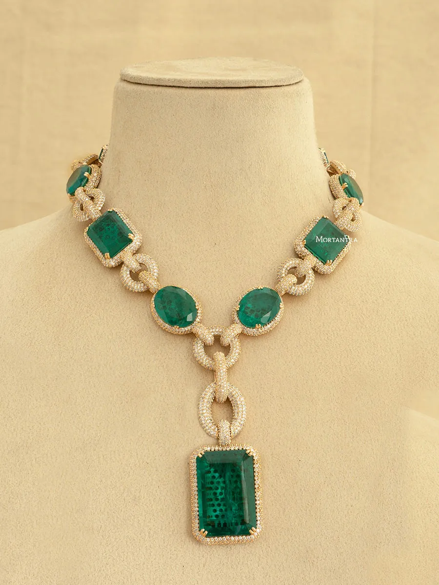 Green Color Gold Plated Faux Diamond Necklace Set - CZSET275GR