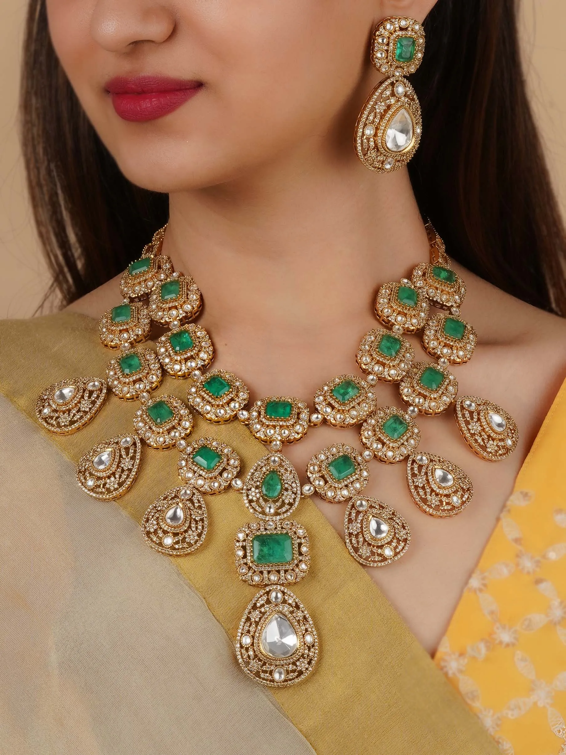 Green Color Gold Plated Faux Polki Bridal Necklace Set - PK-S194WGR