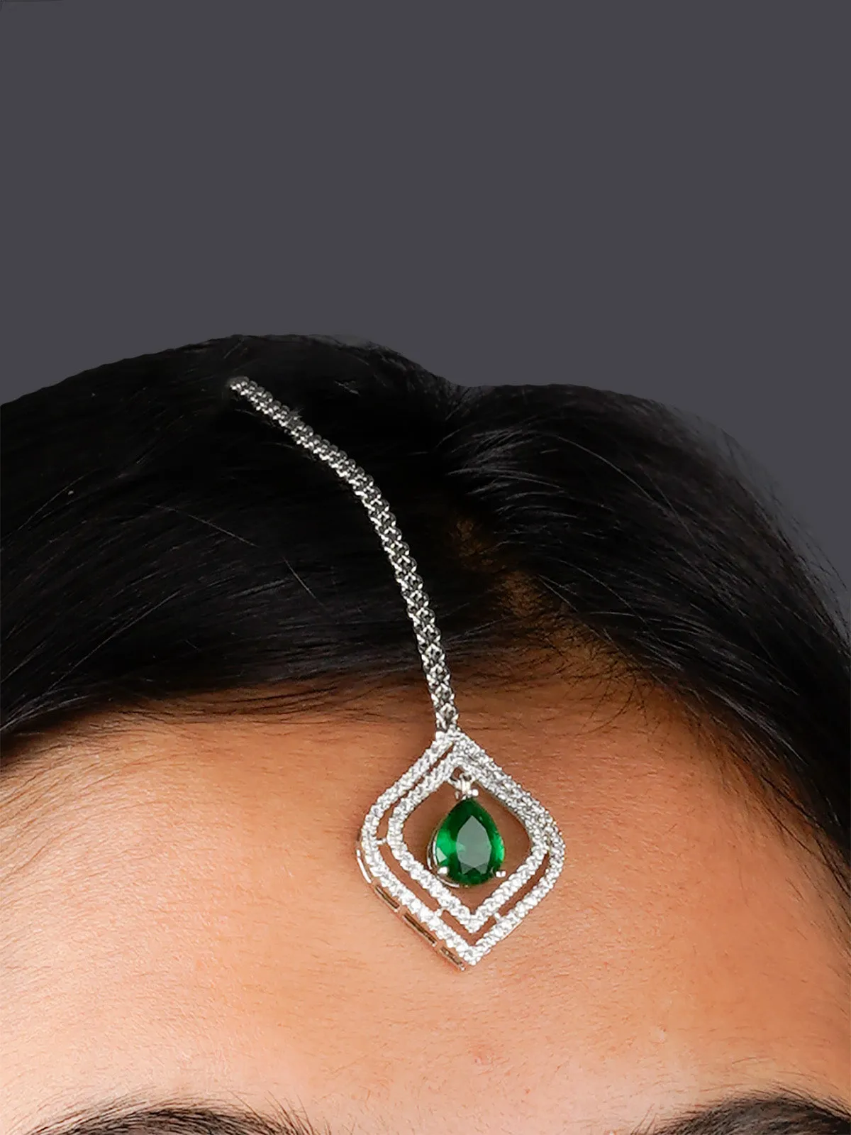 Green Color Silver Plated Faux Diamond Bridal Necklace Set - CZSET323GR