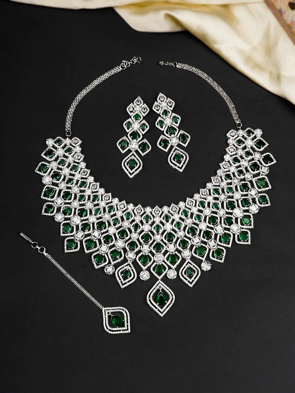 Green Color Silver Plated Faux Diamond Bridal Necklace Set - CZSET323GR