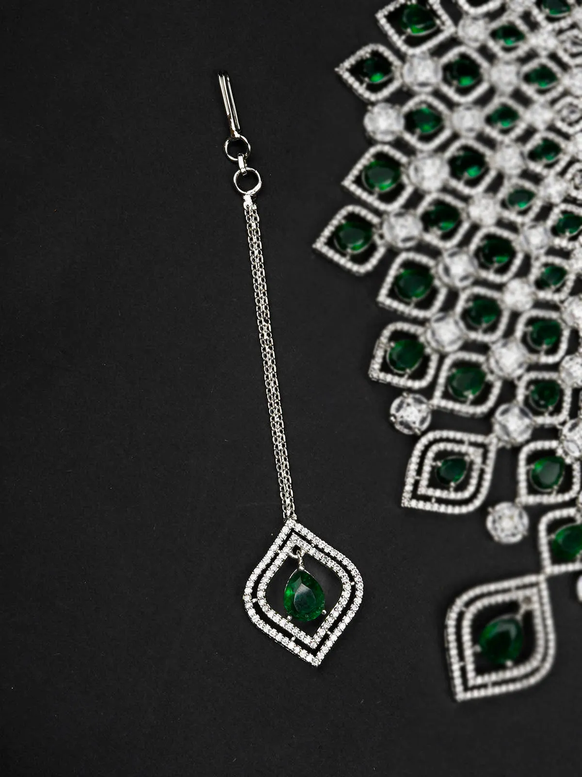 Green Color Silver Plated Faux Diamond Bridal Necklace Set - CZSET323GR