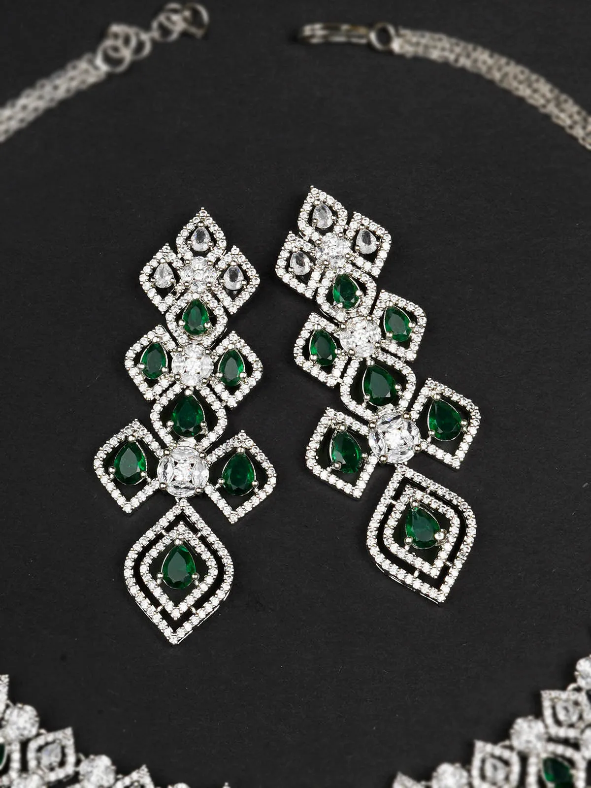 Green Color Silver Plated Faux Diamond Bridal Necklace Set - CZSET323GR