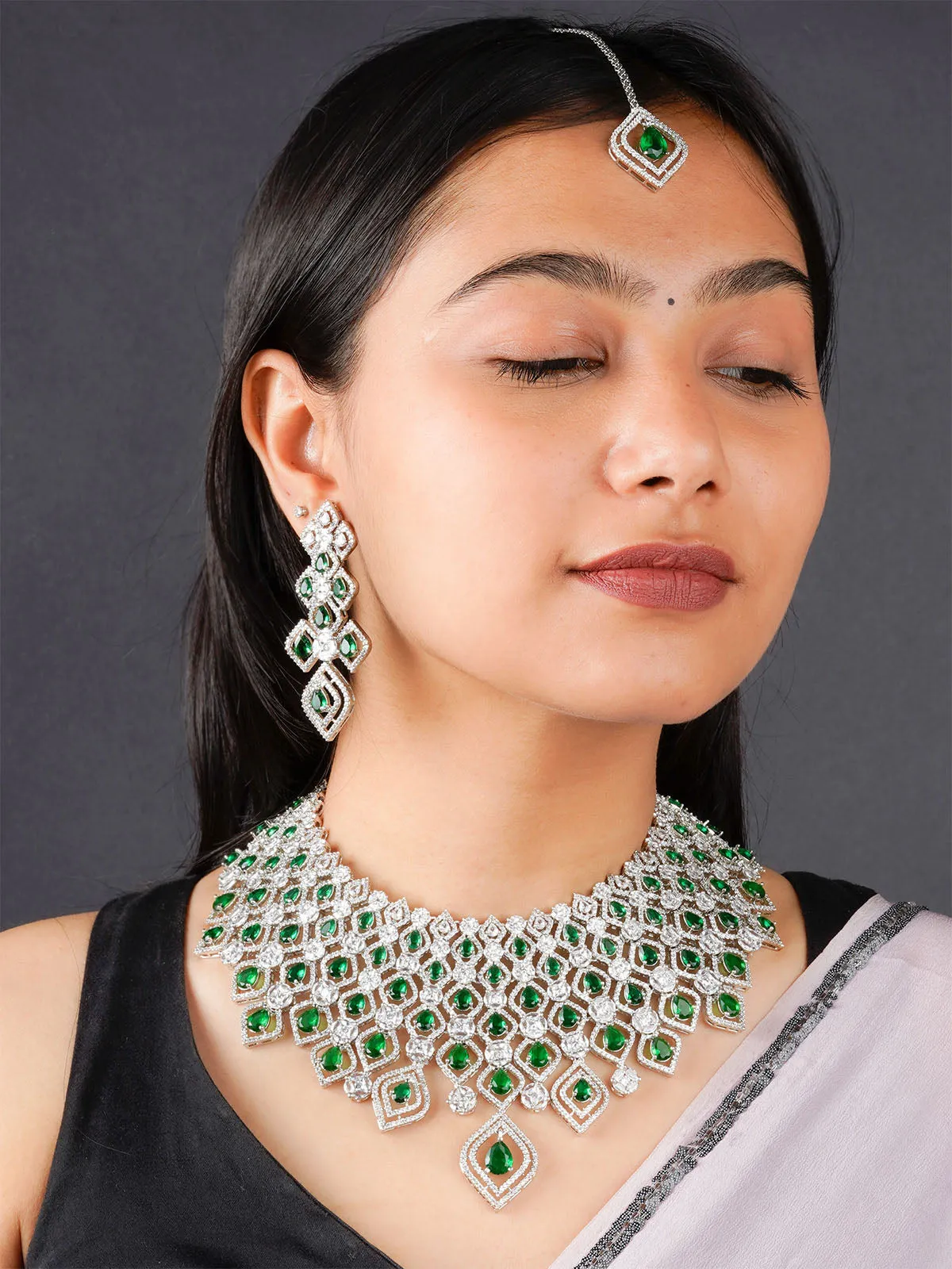 Green Color Silver Plated Faux Diamond Bridal Necklace Set - CZSET323GR