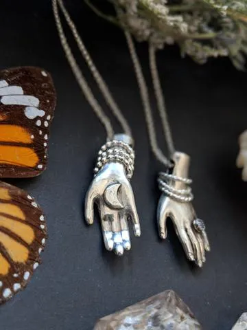 Hand Necklace with Moonstone Ring and Moon Palm