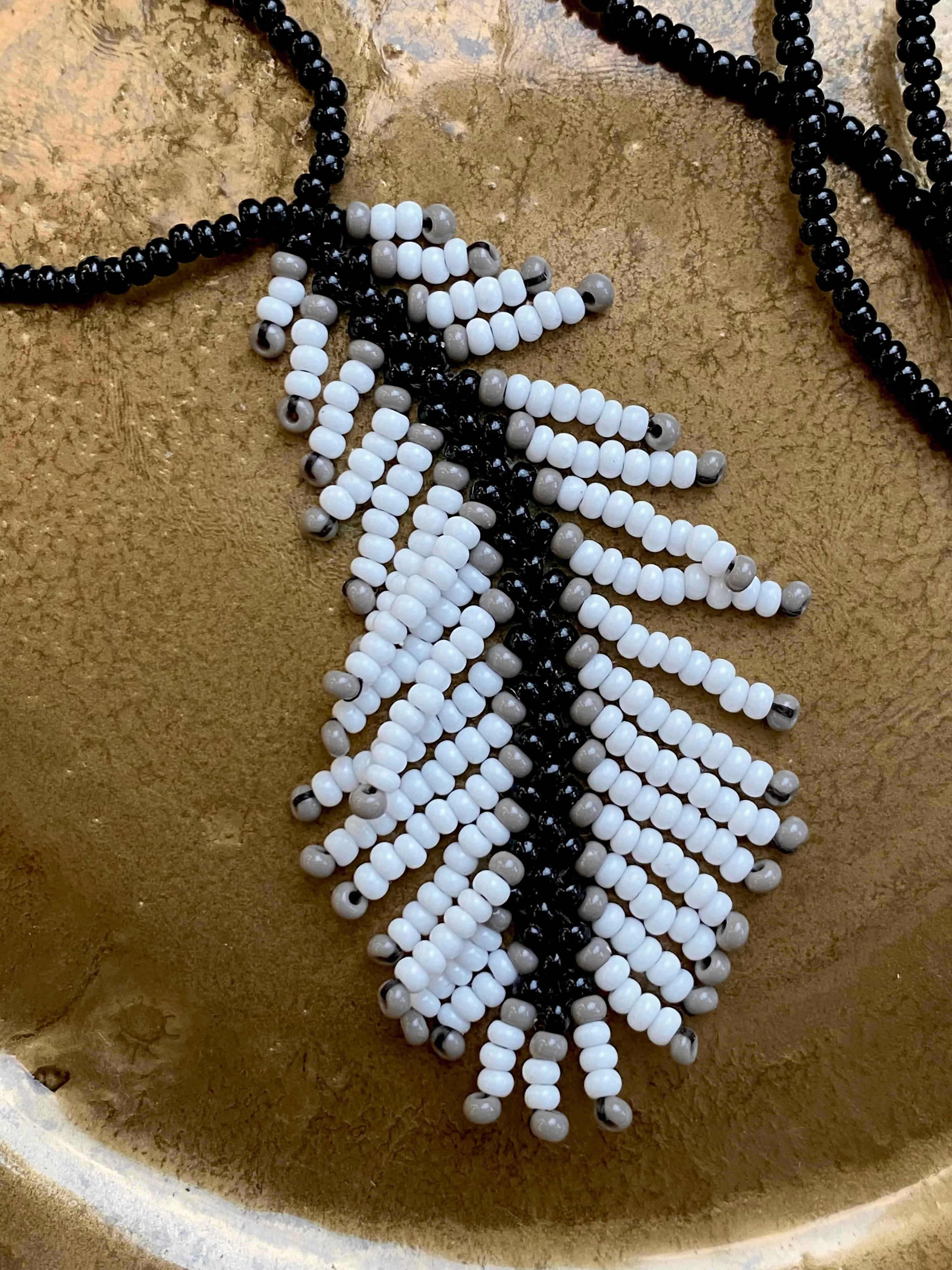 Handmade Black White Seed Beaded Feather Necklace for Women and Men in hippie boho style