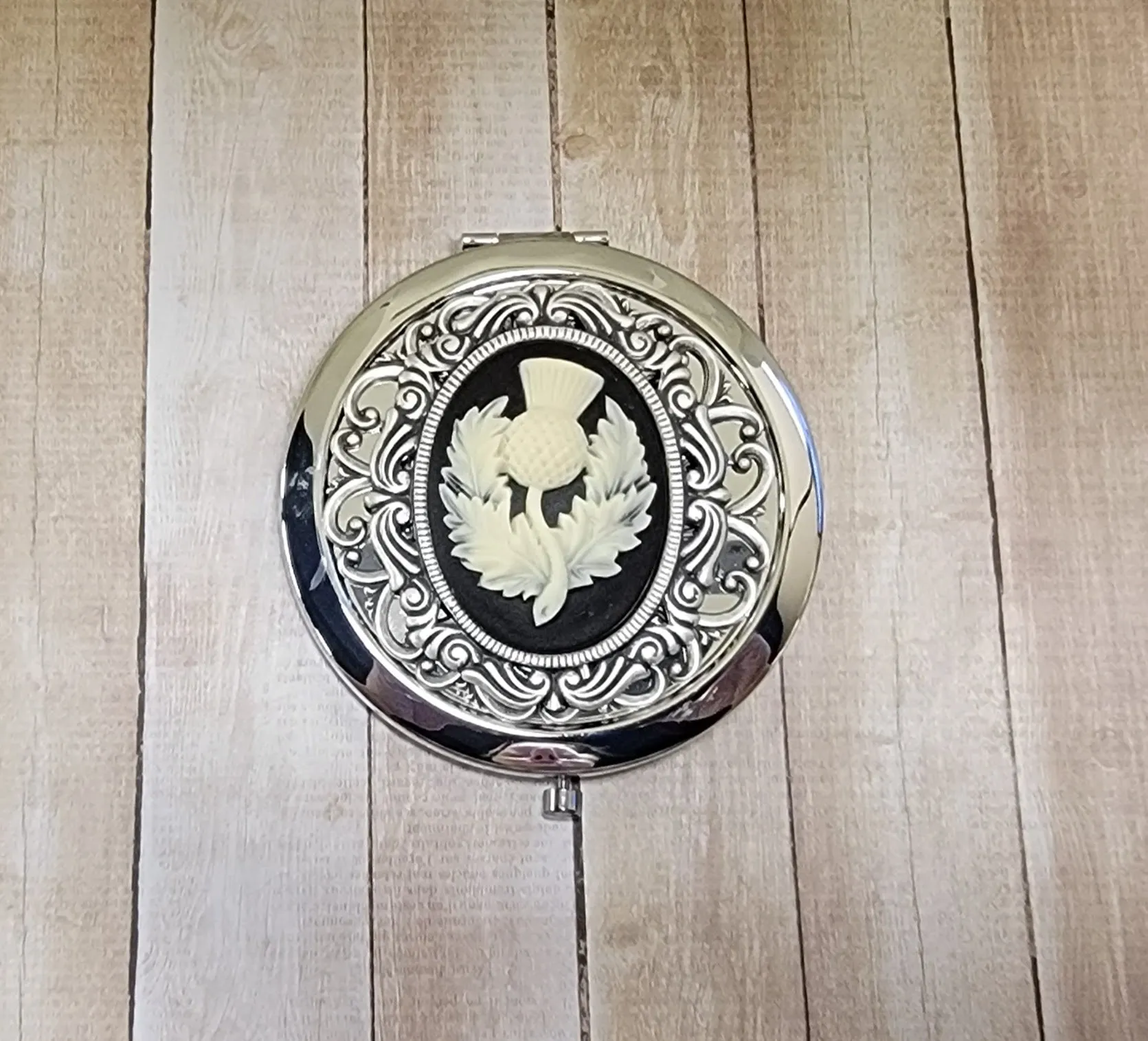 Handmade Bronze Or Silver Scottish Thistle Cameo Compact Mirror