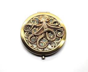 Handmade Oxidized Brass Octopus Compact Mirror