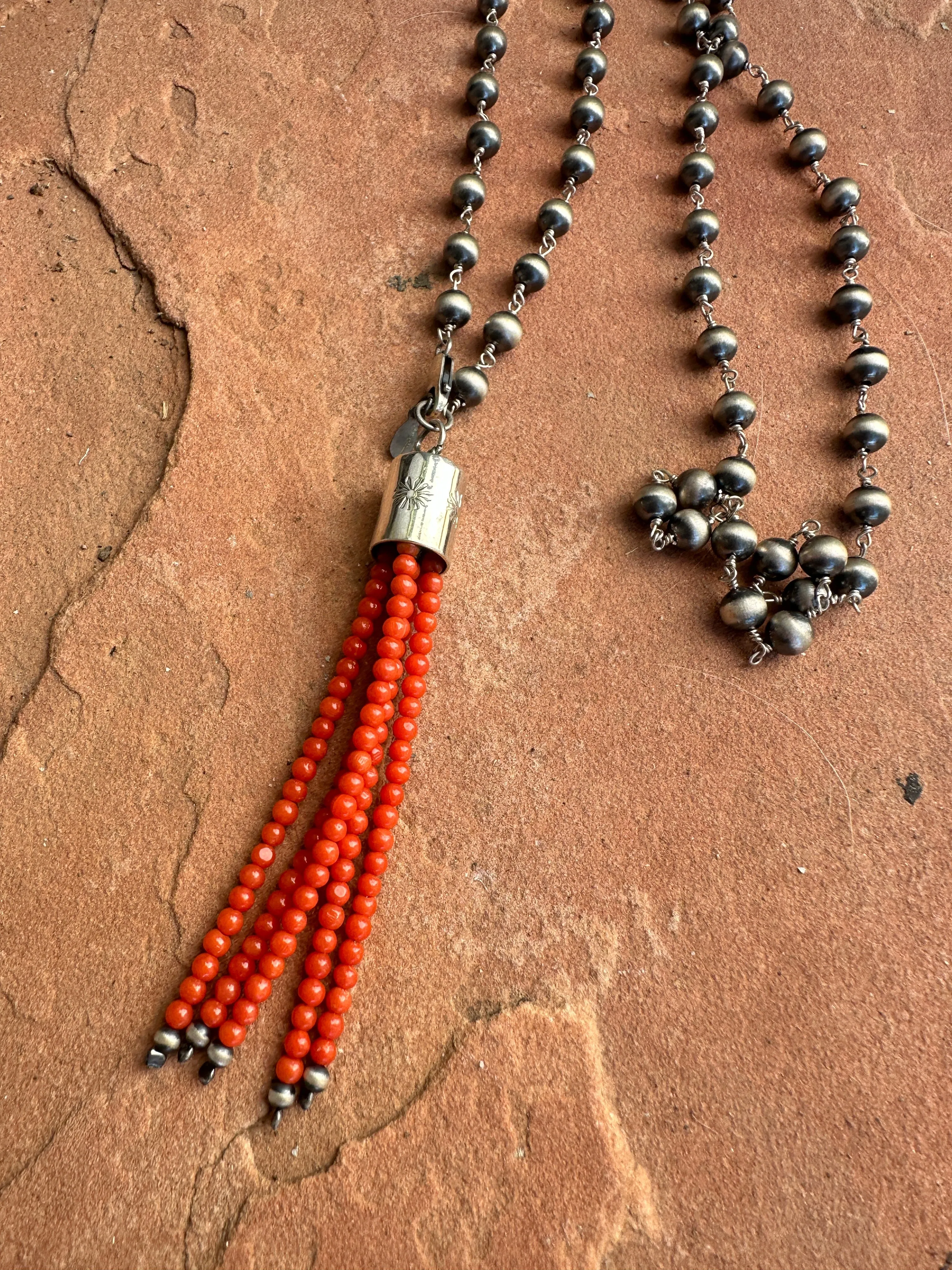 Handmade Sterling Silver Beaded Coral Tassel Necklace