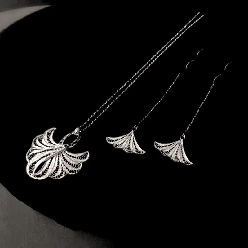 Handmade Vintage Plain Silver Filigree  Ginkgo Leaf Necklace and Earrings