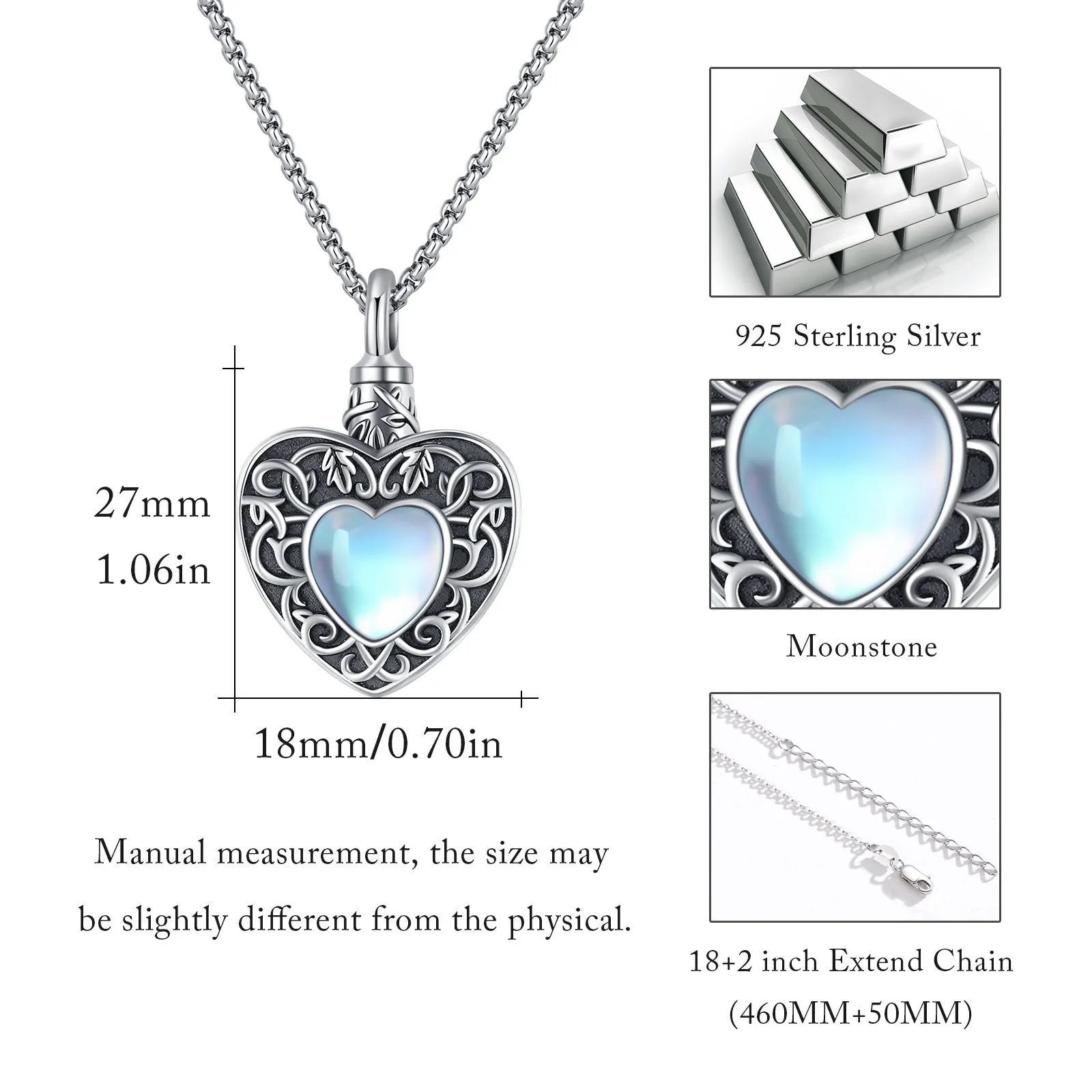 Heart Urn Necklace 925 Silver Moonstone Ashes Necklace Cremation Jewelry