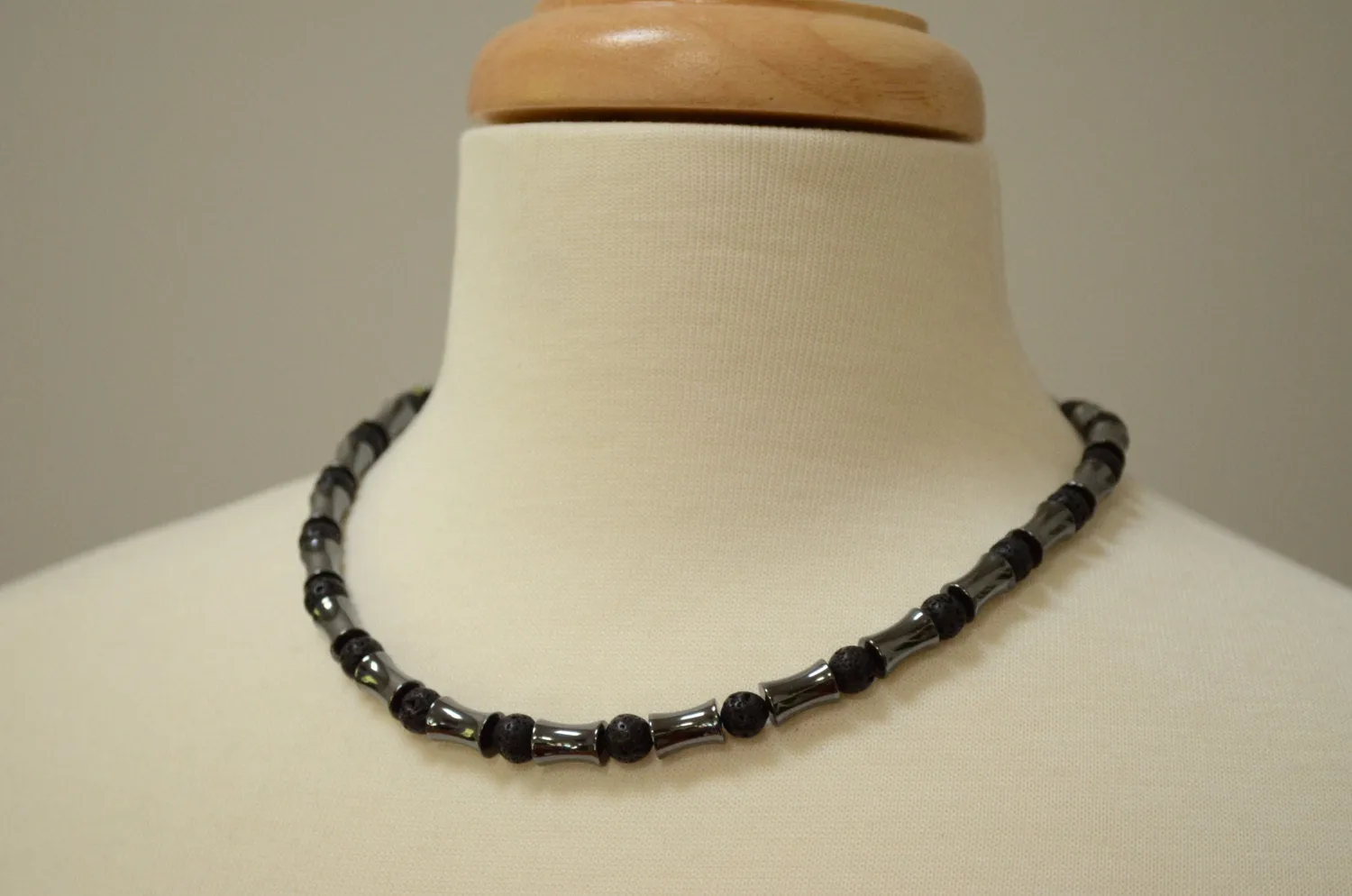 Hematite Lava Rock Black Gray Mens Beaded Bracelet - James