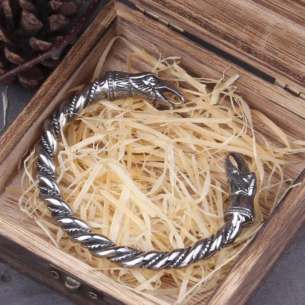 Hugin and Munin Raven Torc Bracelet - Stainless Steel