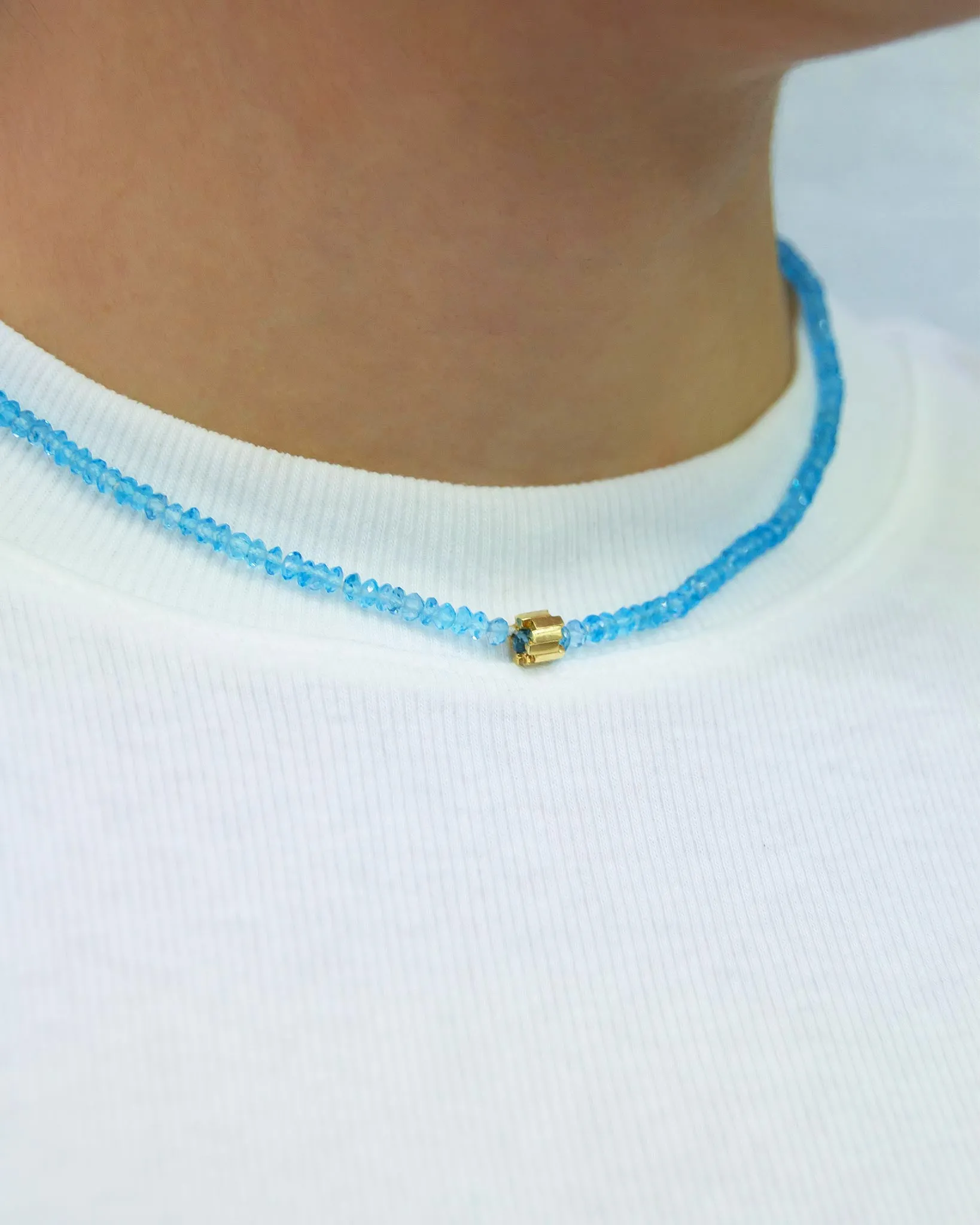 Infinite Beaded Blue Topaz & Mini Golden Rondelle Necklace