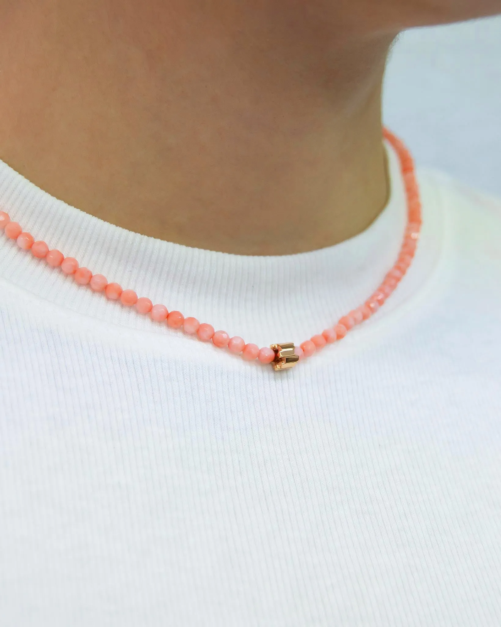 Infinite Beaded Round Pink Coral & Mini Golden Rondelle Necklace