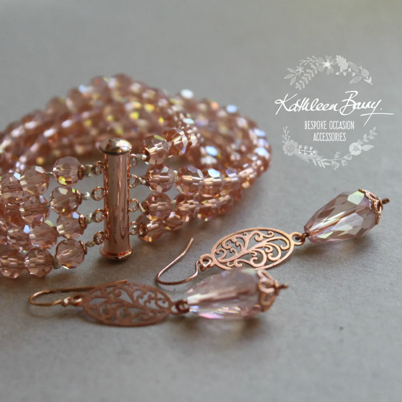 Jemma Rose gold crystal cuff bracelet - blush pink or clear four strand