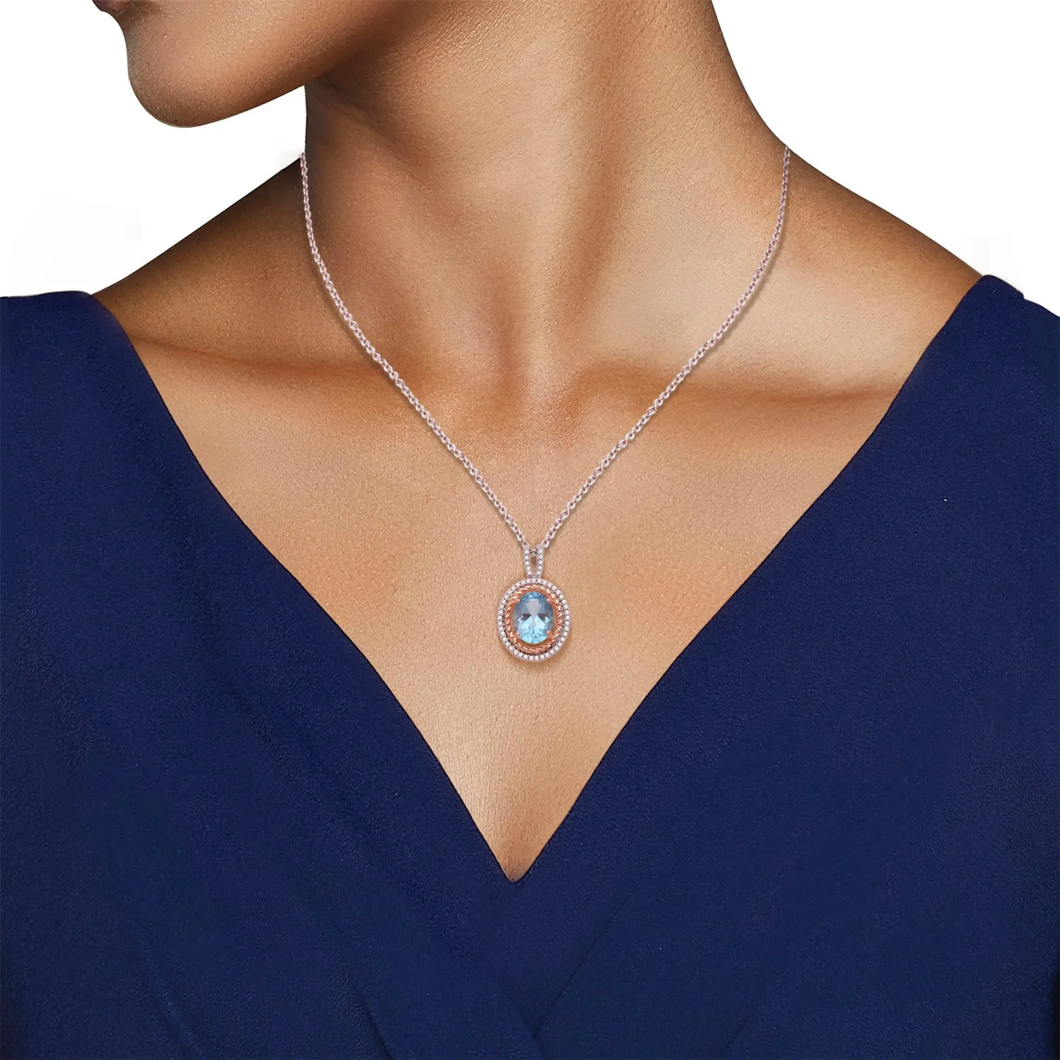 Jewelili 14K Rose Gold Over Sterling Silver With 9x7 MM Oval Paraiba Topaz and Round Created White Sapphire Halo Pendant Necklace, 18" Cable Chain