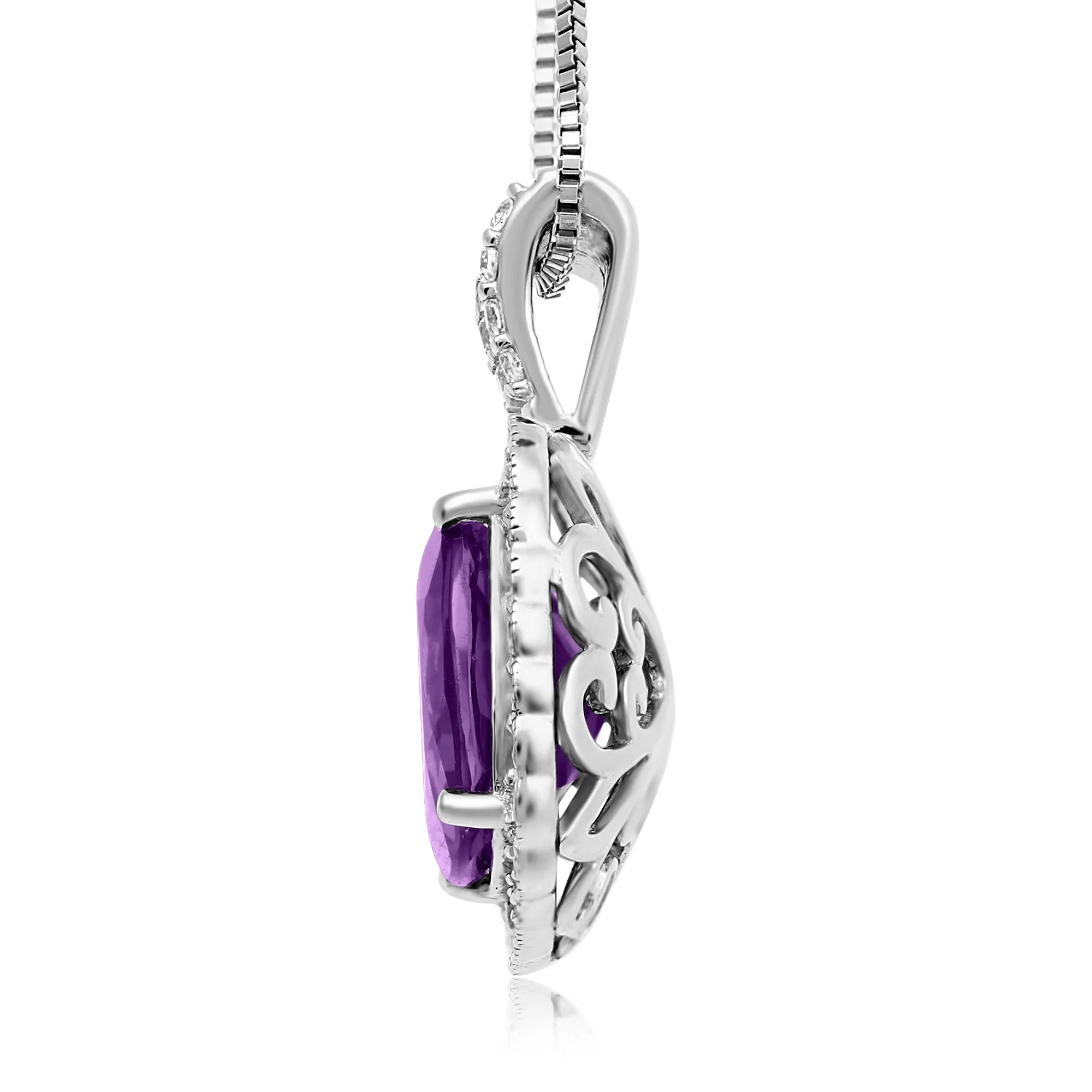 Jewelili Sterling Silver Cushion Cut Amethyst With Round White Topaz and Round Emerald Halo Pendant Necklace