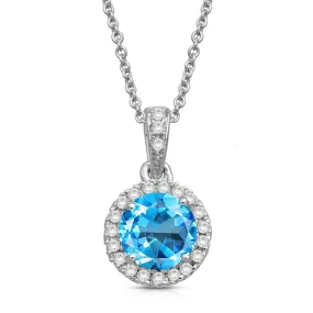 Jewelili Sterling Silver With Swiss Blue Topaz and Created White Sapphire Halo Pendant Necklace