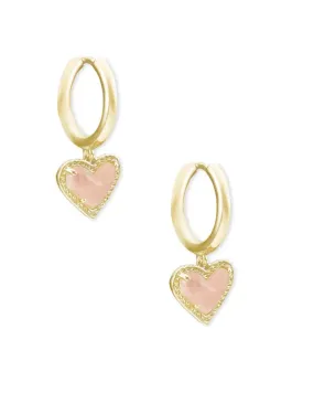 Kendra Scott Ari Heart Gold Huggie Earrings in Rose Quartz