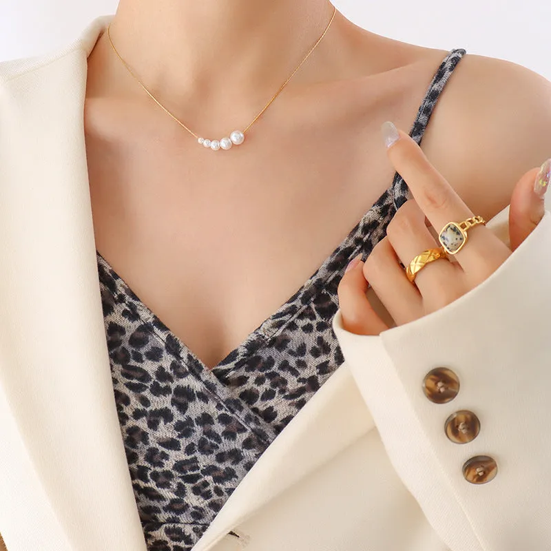 Korean Style Minimalist Pearl Necklace with Vertical Chain - Topaz Gold Plated Jewelry