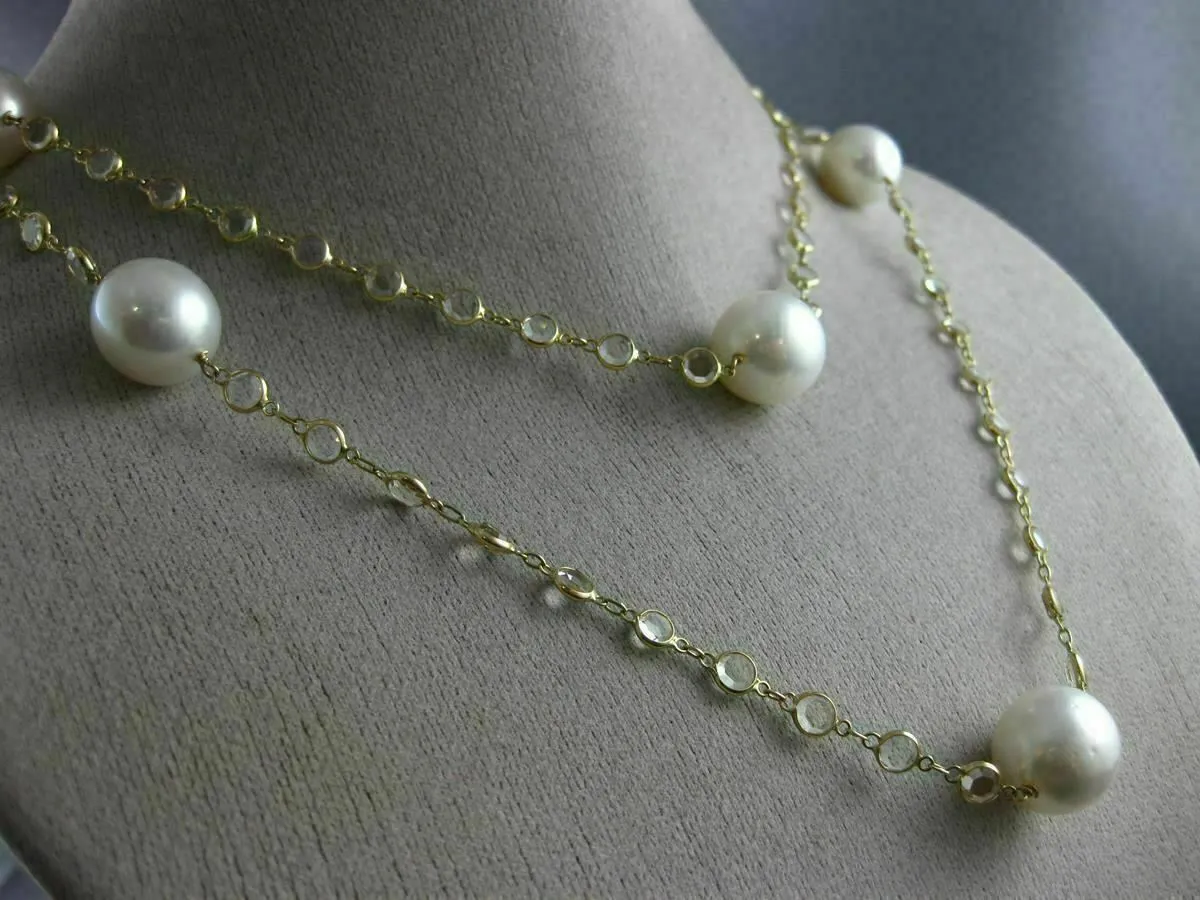 LARGE & LONG 15.0CT AAA WHITE TOPAZ & SOUTH SEA PEARL 14KT YELLOW GOLD NECKLACE