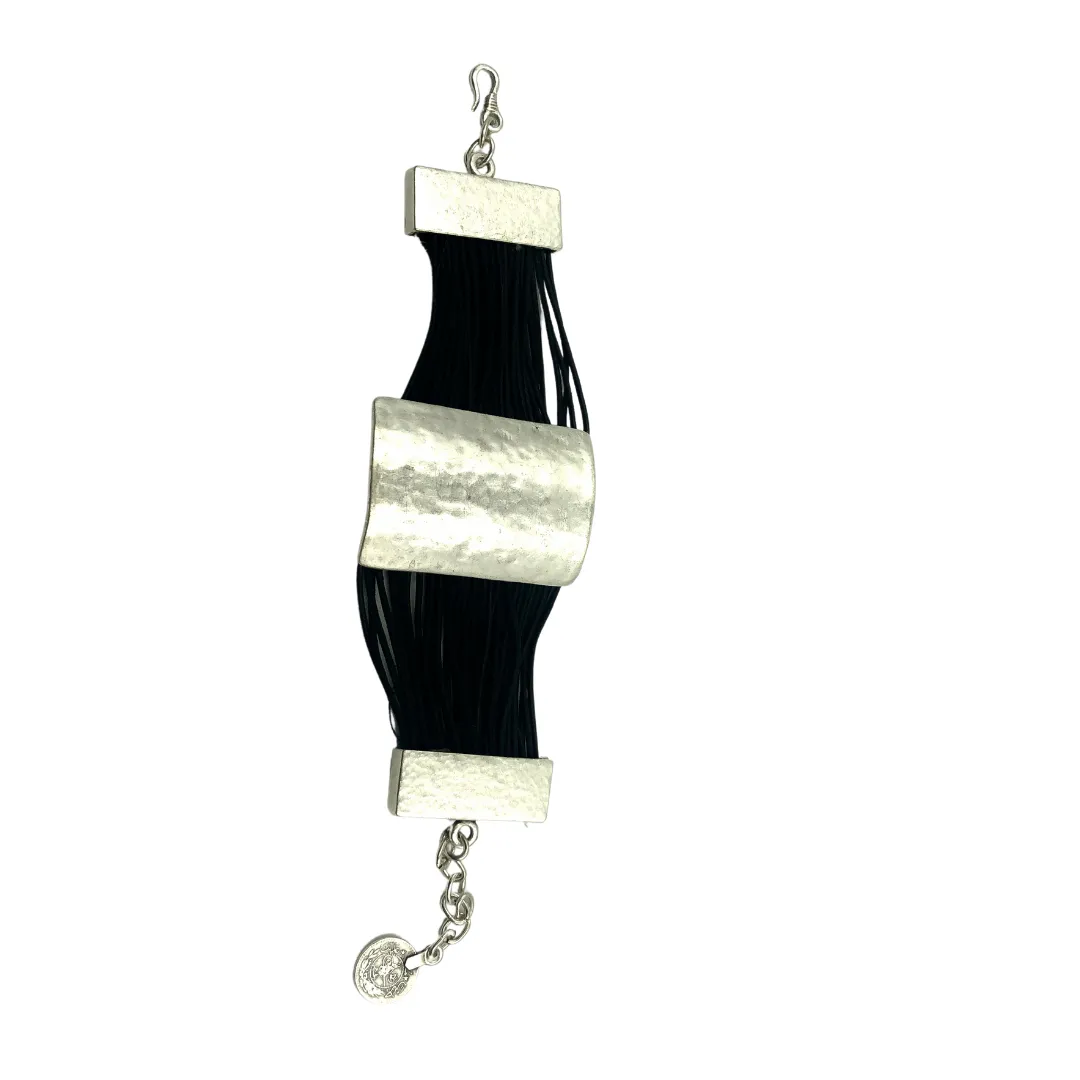 Leather Bracelet with Rectangular Hammered Disc Design