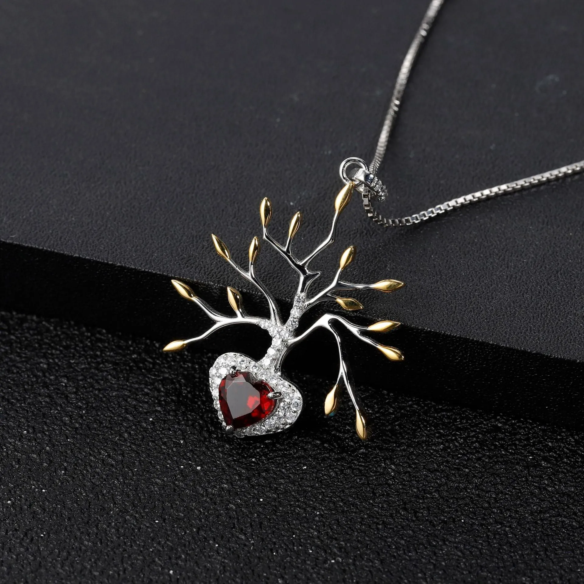 Life Tree Pendant Heart Shape Natural Gemstone Silver Necklace