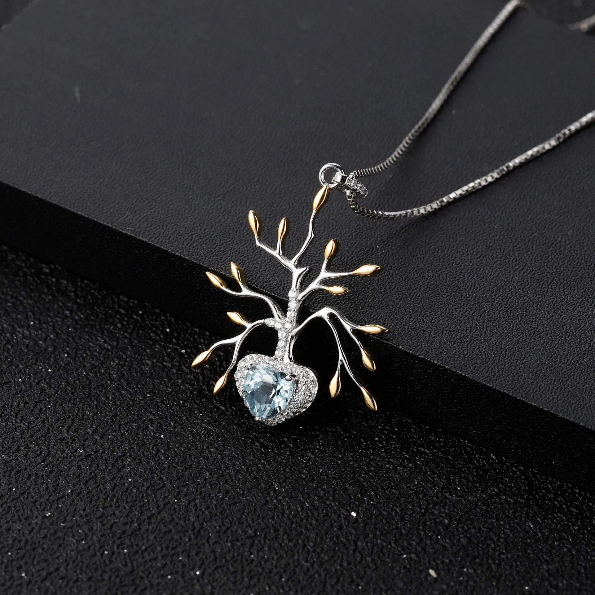 Life Tree Pendant Heart Shape Natural Gemstone Silver Necklace