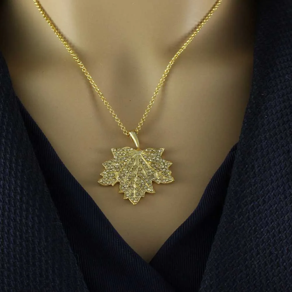 Light Topaz Crystal Maple Leaf Pendant on Gold-tone Chain - PT412