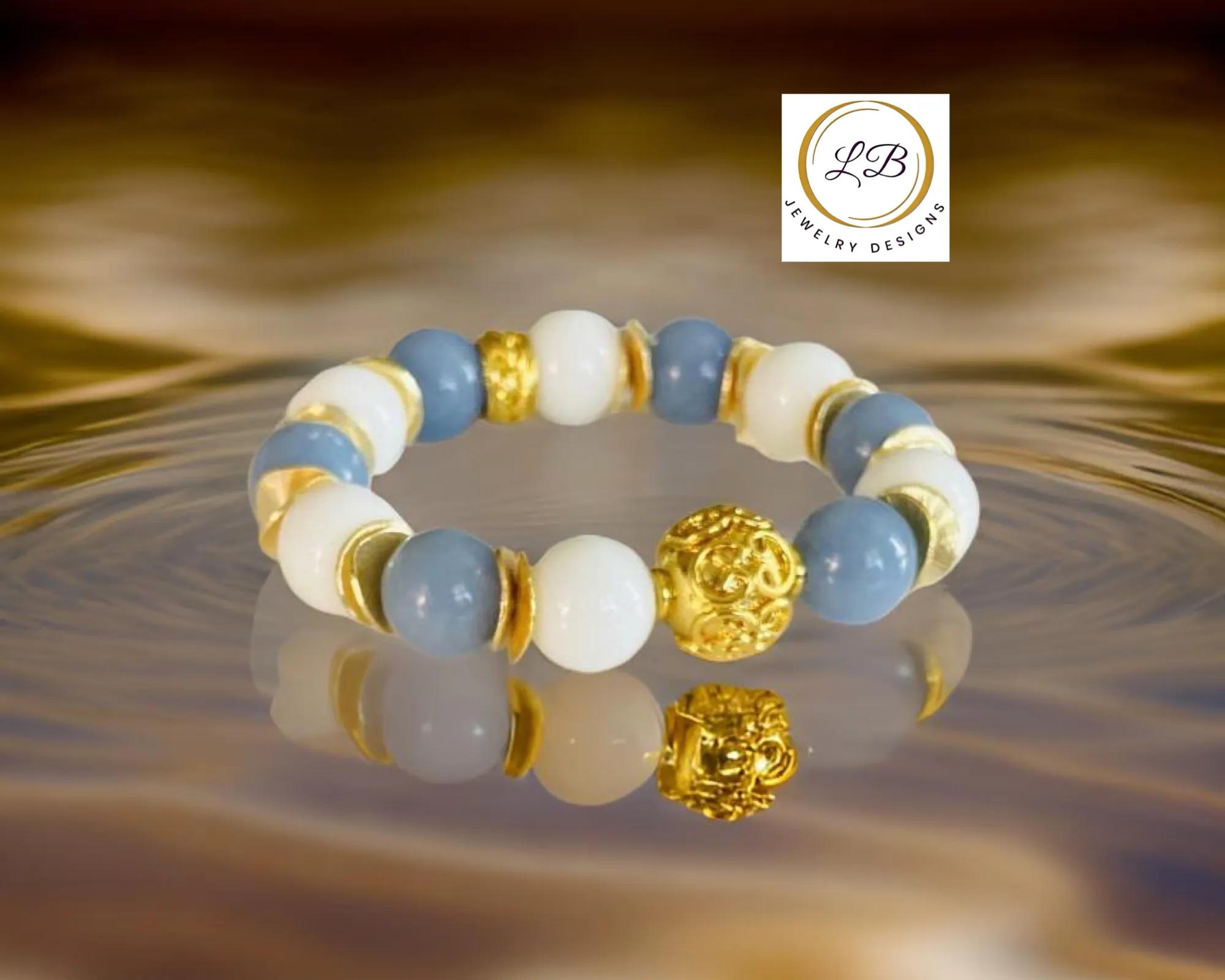 Lovely Blue Angelite & Alabaster Gemstones Gold Beaded Bracelet