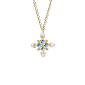 Madrid Large Cross Pendant Yellow Gold - Blue Topaz & Pearl